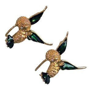 Vintage Hummingbird Brooch Set -‎ Gold Tone & Green Enamel - 1.5 Inches